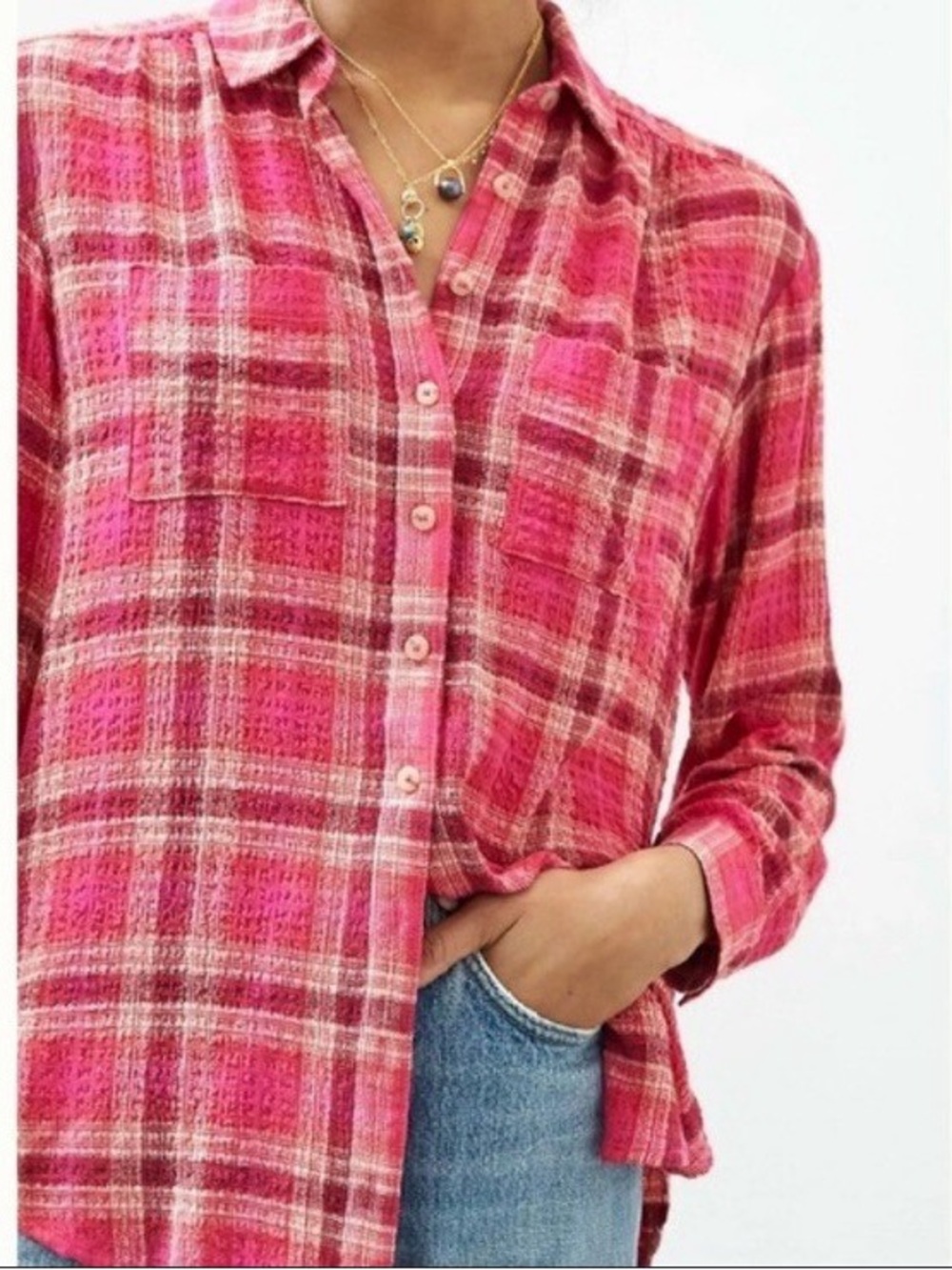 Pilcro Red and Pink Plaid Button-Down Shirt